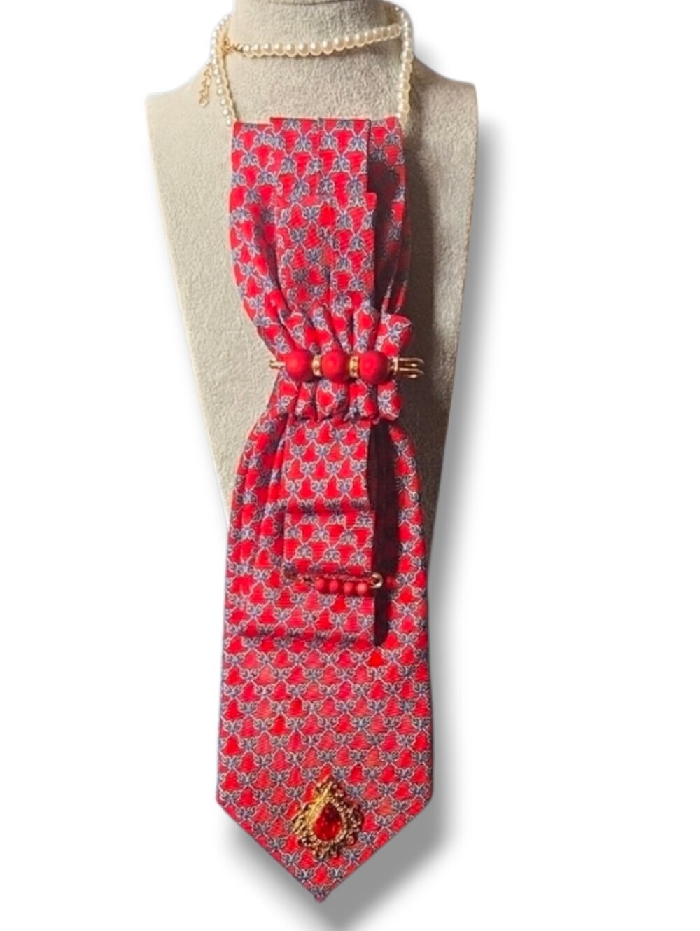 3/$60 Red Patterned Silk Folded Cravat with Gold And Red  Embellishment